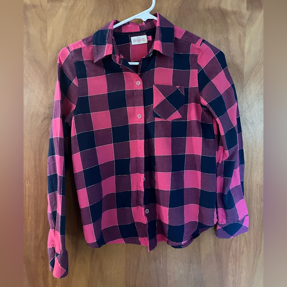 SO Pink and Navy Plaid Button Down Shirt